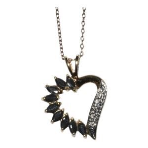 Black Sapphire Diamond Heart Pendant Necklace 18in Chain GP 925 Sterling Silver